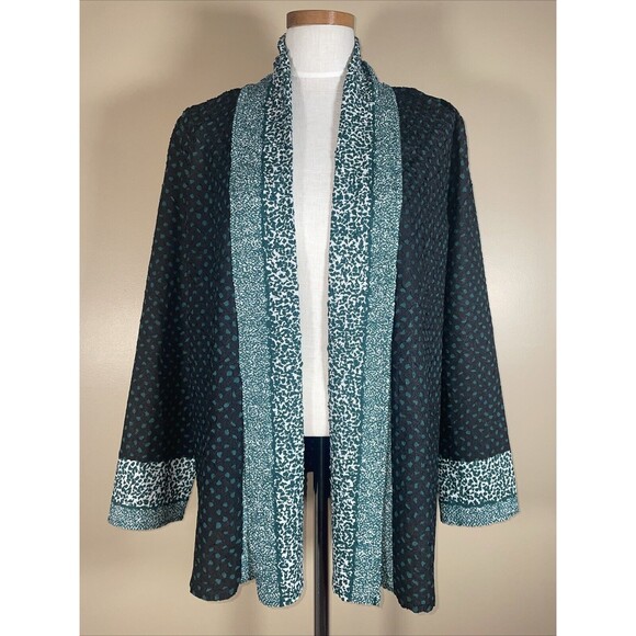 CHICOS Travelers 2 Jacket L / 12 Open Front Crinkled Emerald Green Polka Dot - Picture 1 of 15